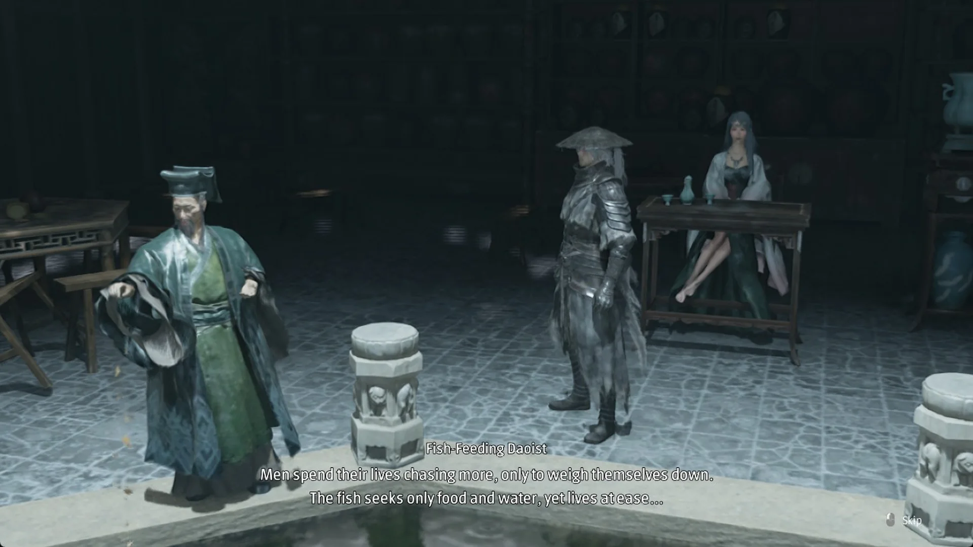 The Fish-Feeding Daoist beside the koi pond in the Order's Tavern, Phantom Blade Zero