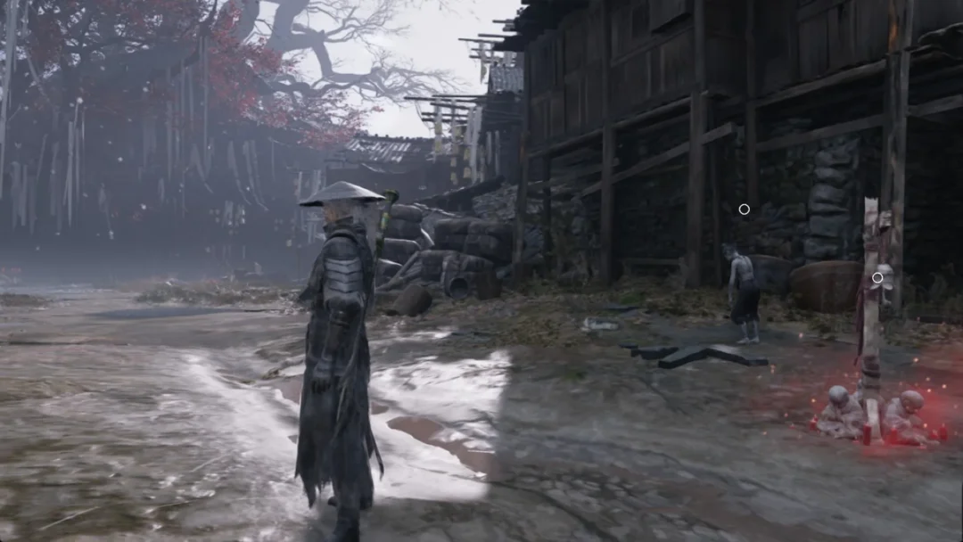 Soul standing in a flooded backstreet yard beside stilt houses in Pangzhen, Phantom Blade Zero