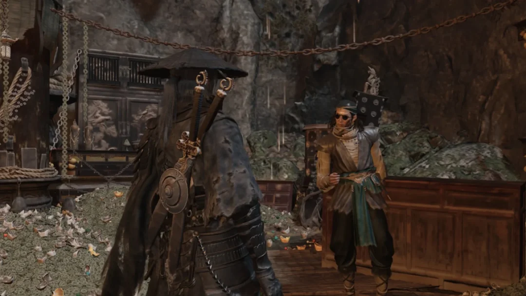 Soul facing Quick Hand Zhang in his coin-filled cave vault under Pangzhen, Phantom Blade Zero