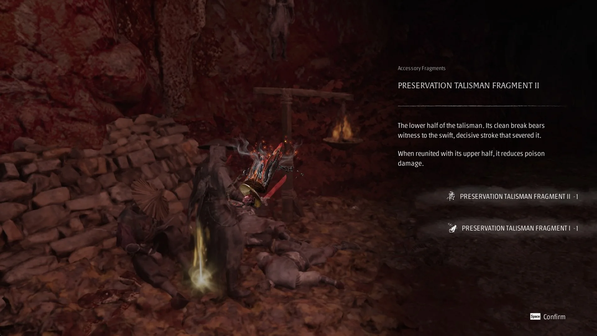 Preservation Talisman Fragment II card with both talisman fragments used up as they combine, Phantom Blade Zero