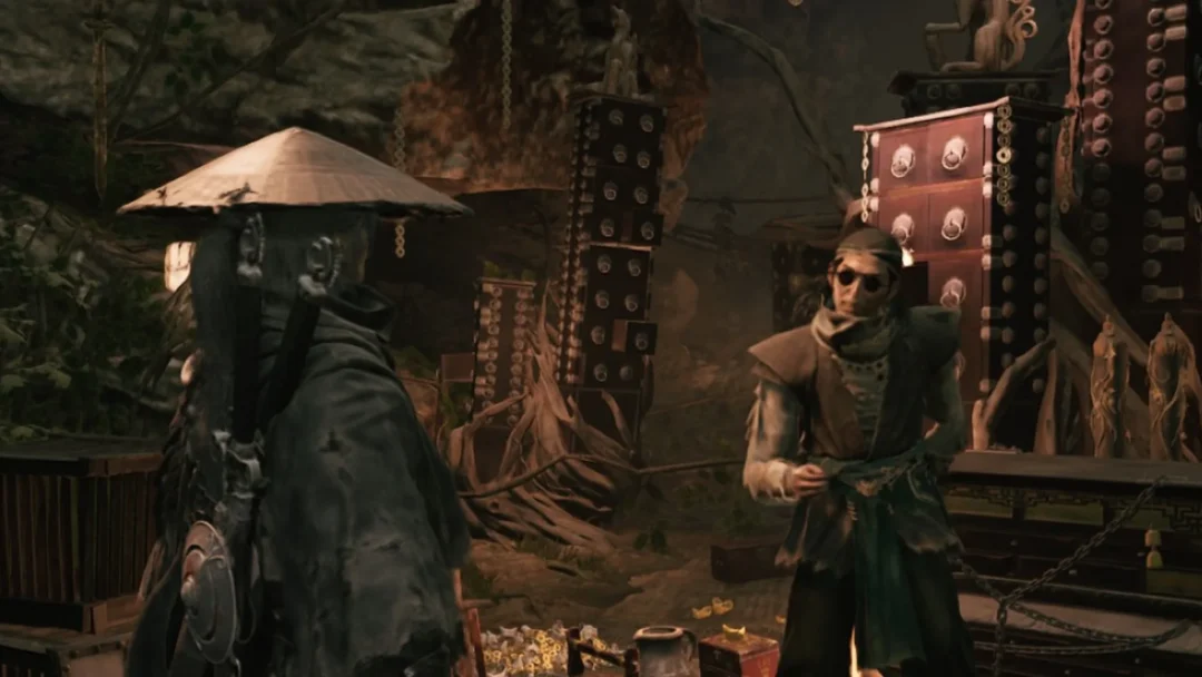 Soul talking with Quick Hand Zhang among chests and coin heaps in his Crimson Forest hideout, Phantom Blade Zero