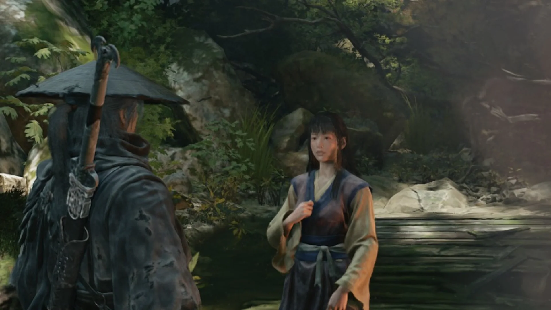 Yu'er talking with Soul by the stream in Weeping Creek Valley, Phantom Blade Zero