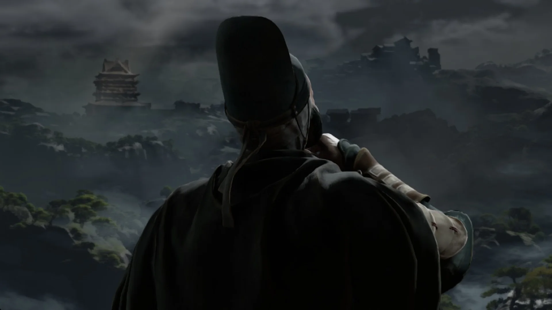 The Watchful Shadow Warden looking out from the Valley Sha-Chi Tower summit in Phantom Blade Zero