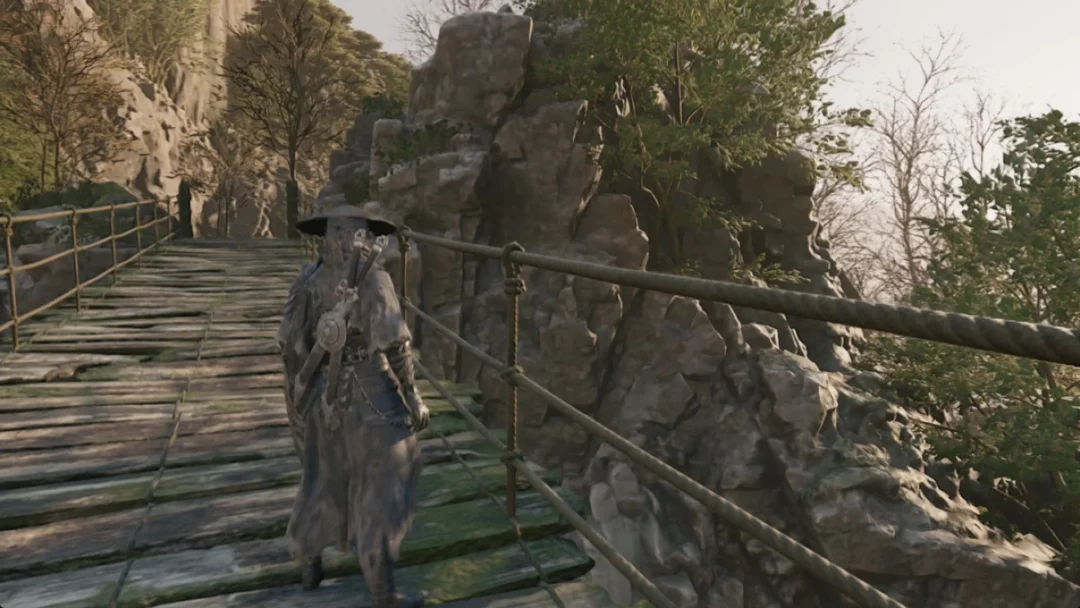 Soul on a wooden walkway along a rocky cliff in Phantom Blade Zero