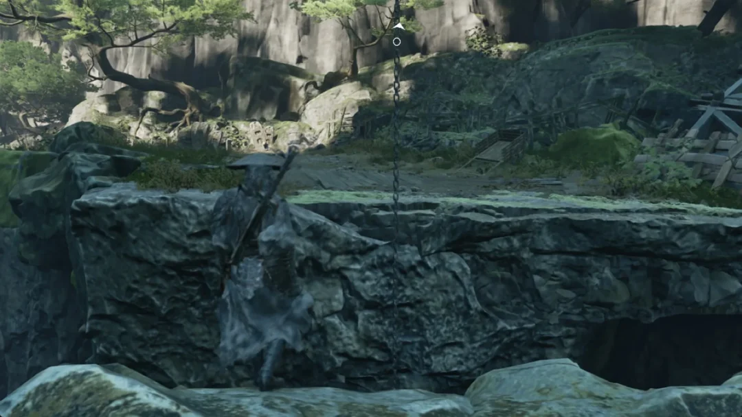 Soul on a rocky ledge below a hanging chain in Phantom Blade Zero