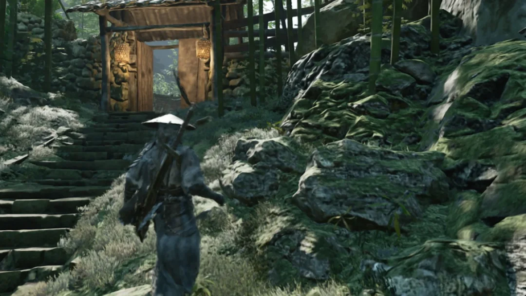 Soul climbing mossy stone steps toward a wooden gate in Phantom Blade Zero