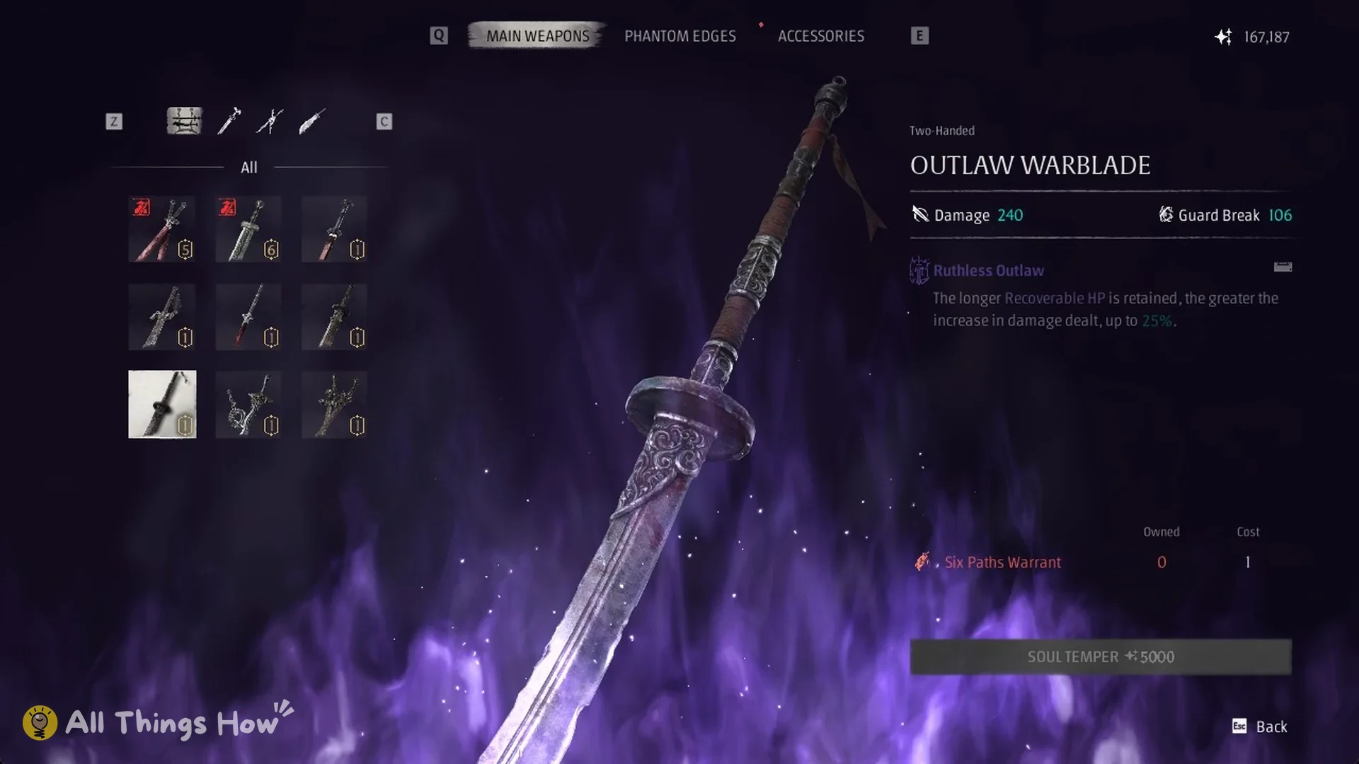 Soul Temper screen for the Outlaw Warblade showing Ruthless Outlaw and the Six Paths Warrant in Phantom Blade Zero