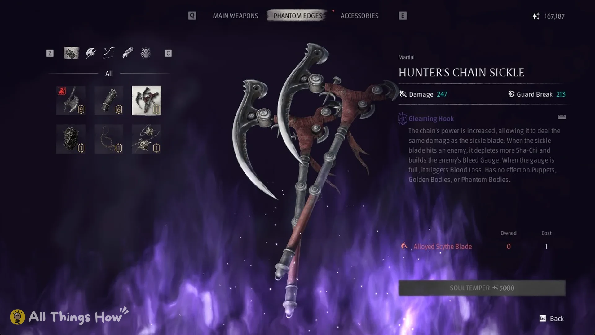 Soul Temper screen for the Hunter's Chain Sickle showing Gleaming Hook and the Alloyed Scythe Blade in Phantom Blade Zero