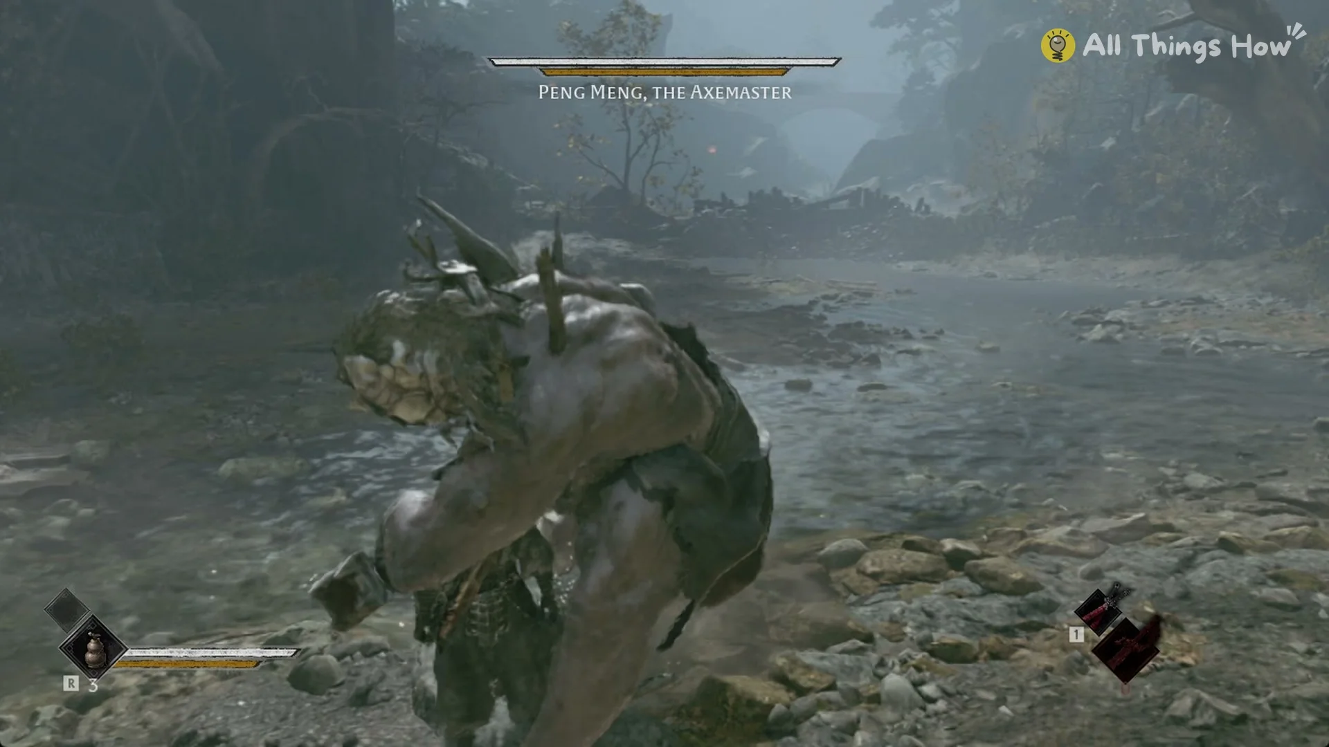 Peng Meng, the Axemaster lunging at Soul in the river, Phantom Blade Zero