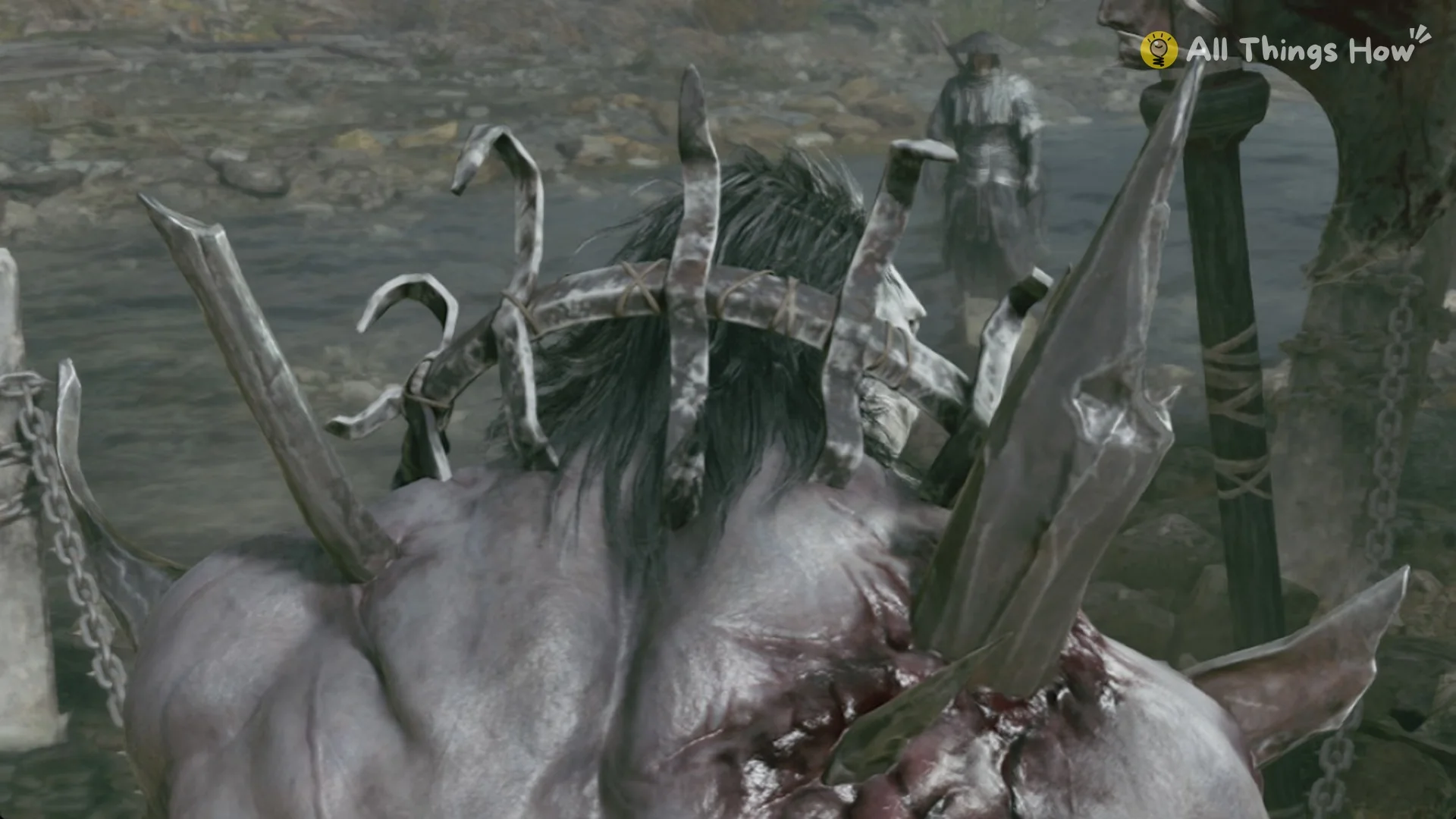 Peng Meng, the Axemaster bound with chains through his shoulders as Soul approaches through the river in Phantom Blade Zero