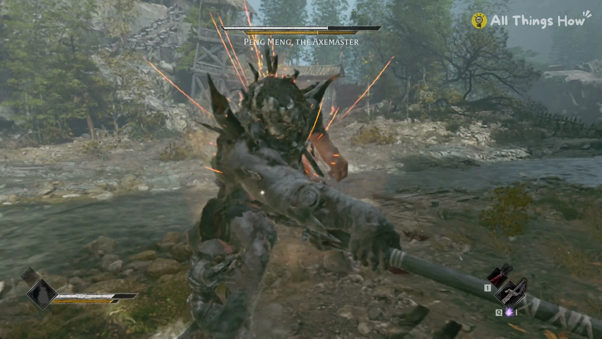 Orange-red flare bursting from Peng Meng's back before a heavy axe swing, Phantom Blade Zero