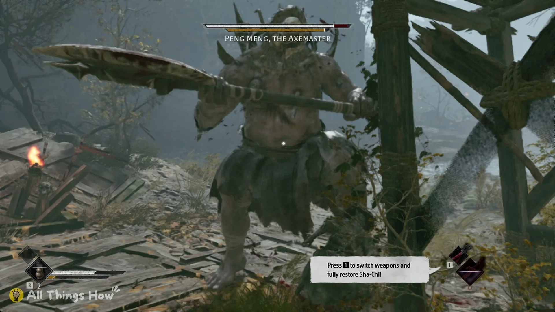Peng Meng raising his axe high over his head for an overhead chop, Phantom Blade Zero