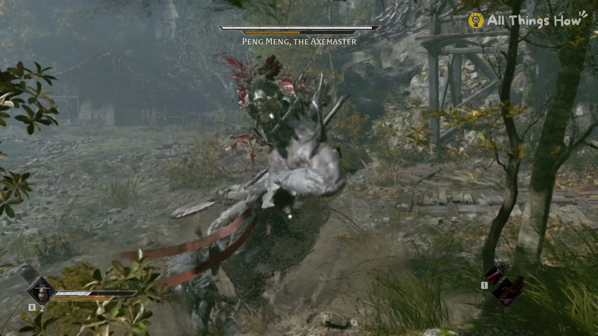 Peng Meng's rising axe swing kicking up dirt beside Soul, Phantom Blade Zero
