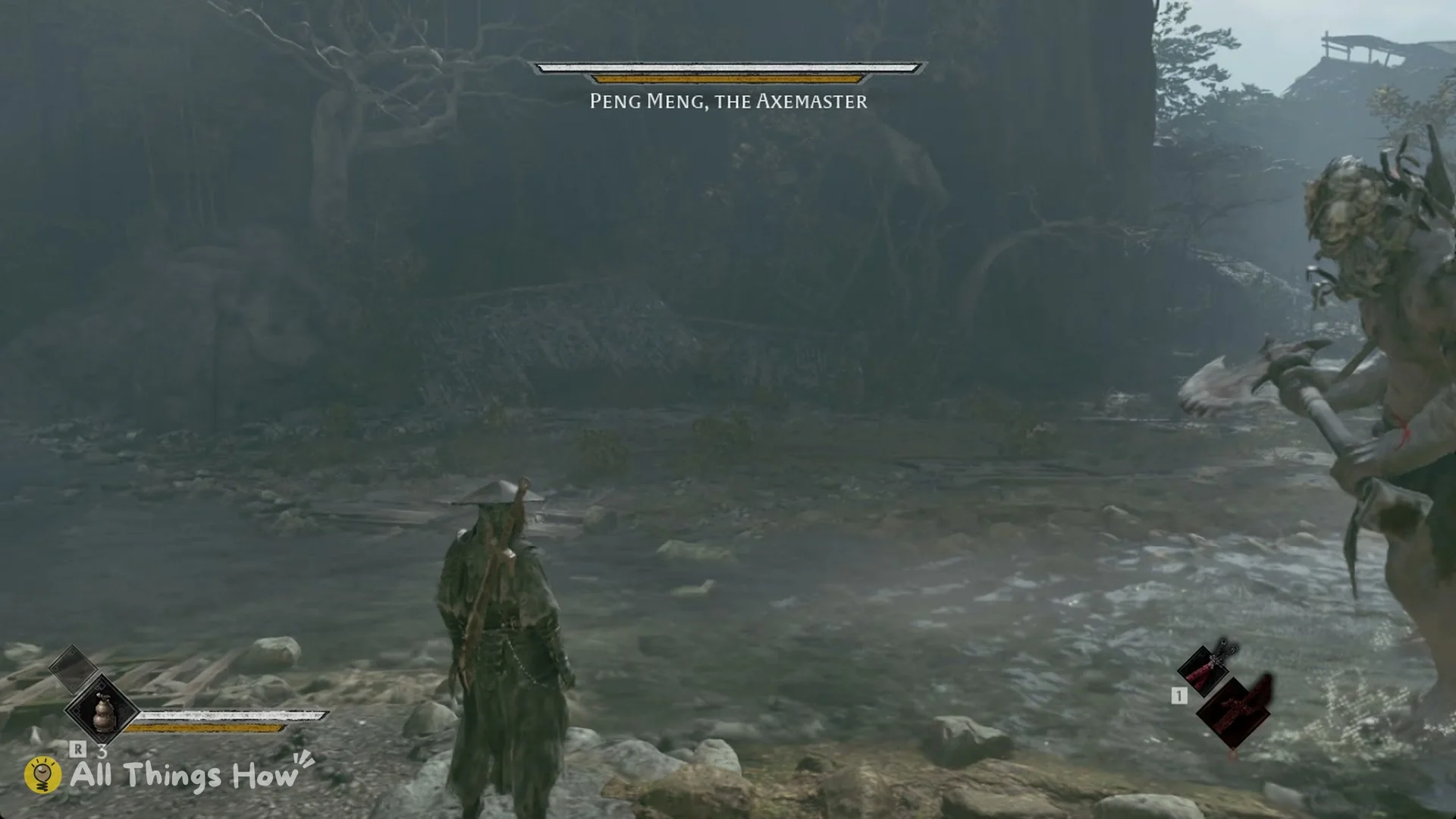 Peng Meng, the Axemaster wading toward Soul across the river with his axe raised, Phantom Blade Zero