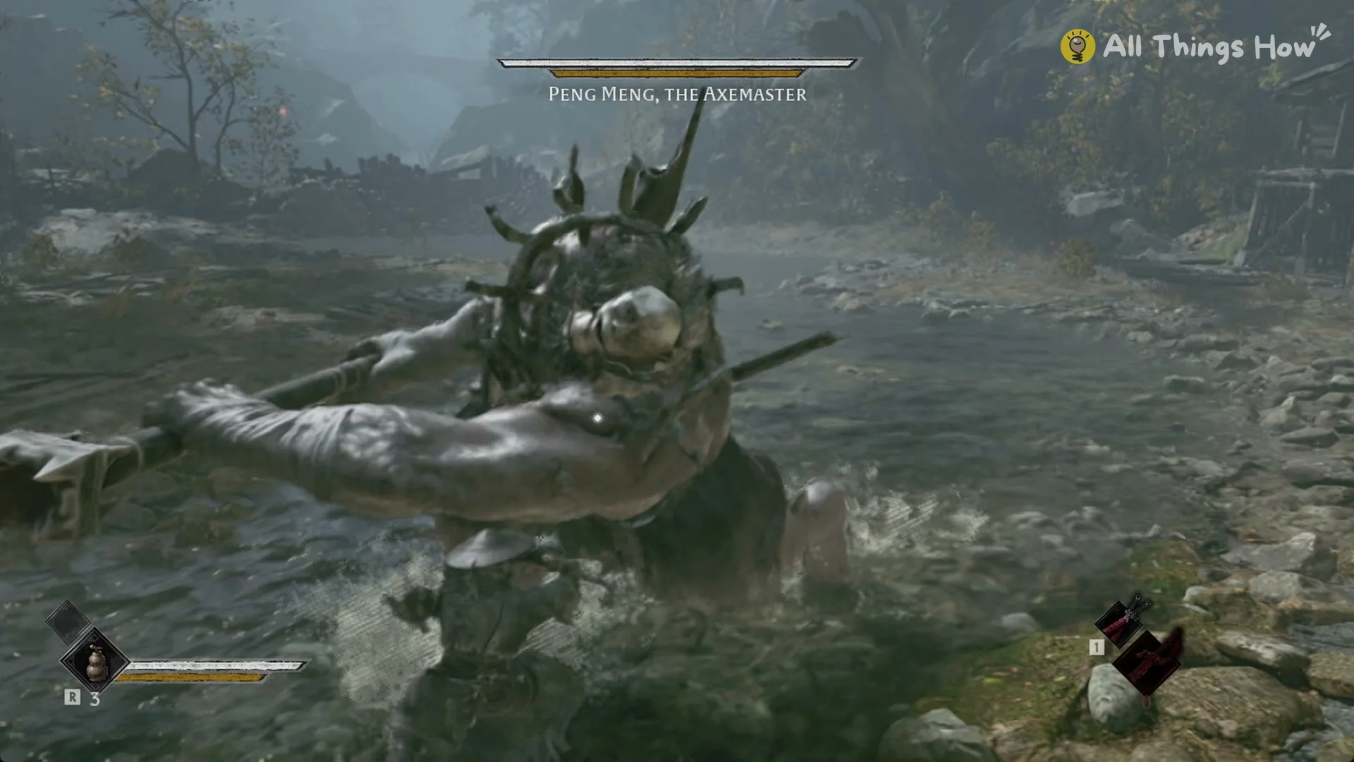 Peng Meng sweeping his long-handled axe through the river shallows, Phantom Blade Zero