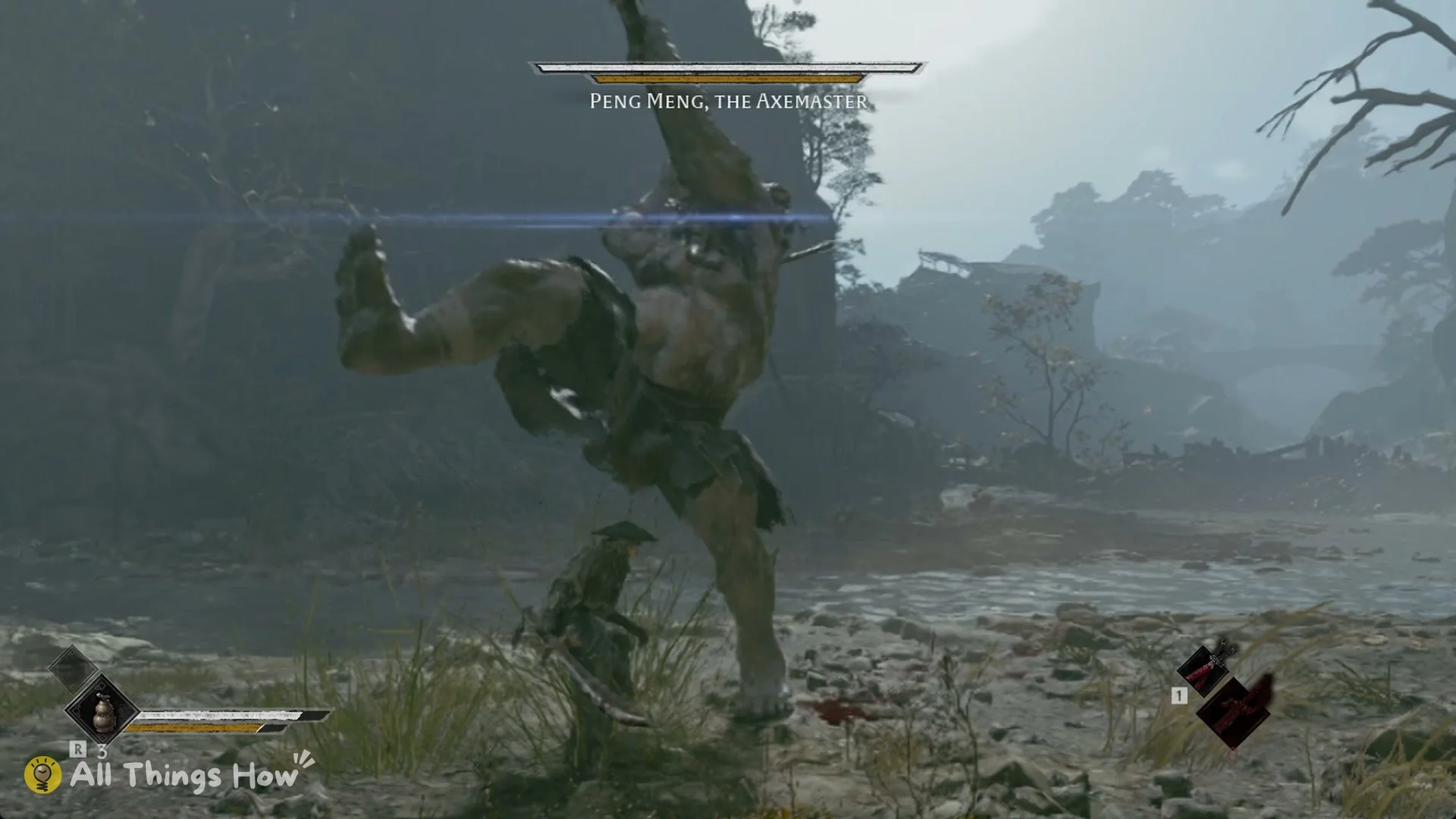 Peng Meng lifting a leg into a stomping lunge with a blue streak across him, Phantom Blade Zero
