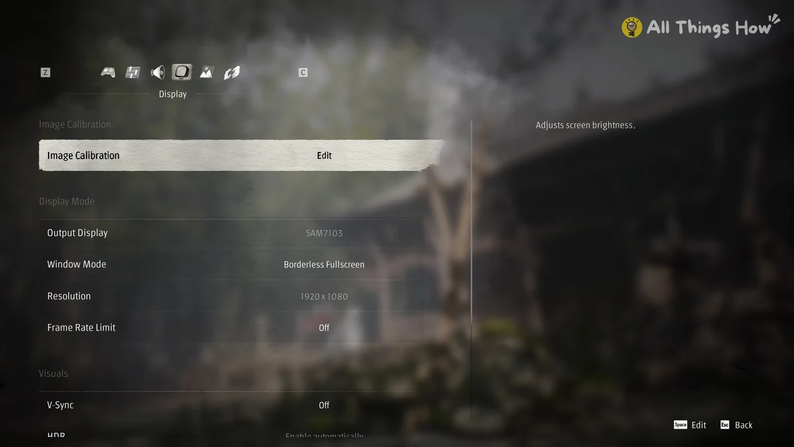 Game settings menu on the Display tab, Image Calibration row highlighted, blurred courtyard building in background.
