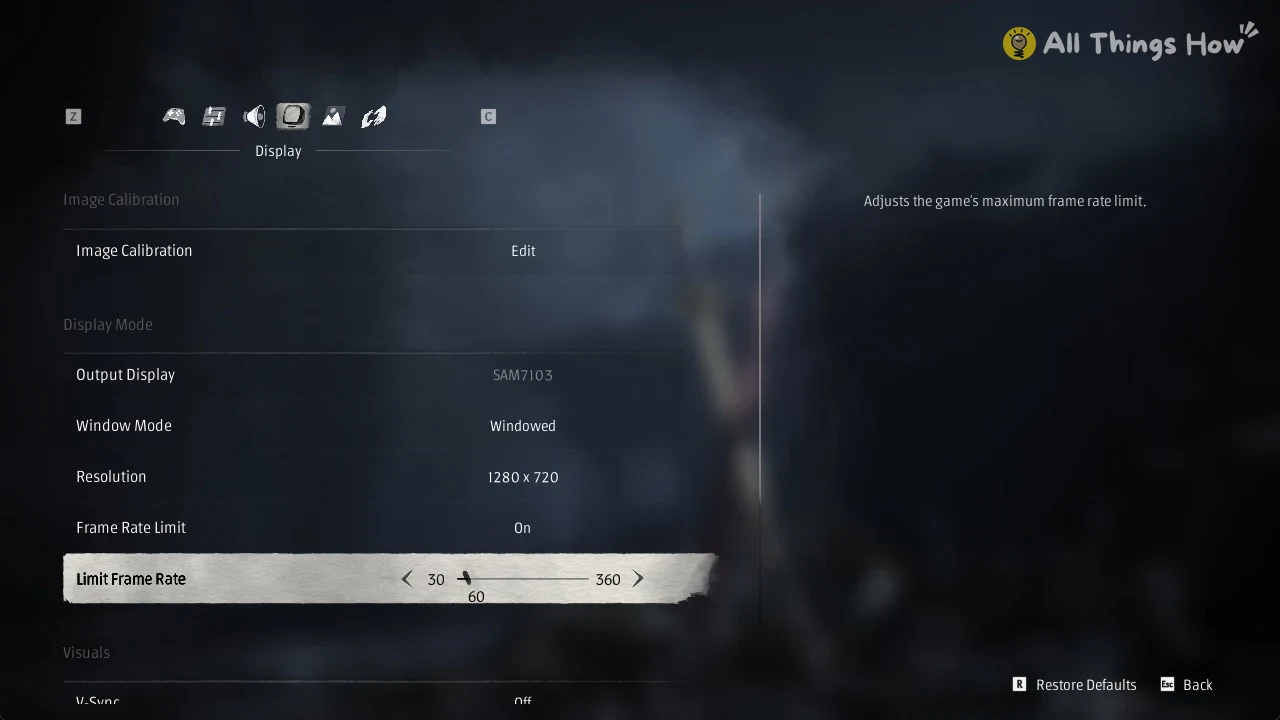 Display settings menu with Limit Frame Rate slider highlighted at 60, Windowed mode at 1280 x 720.