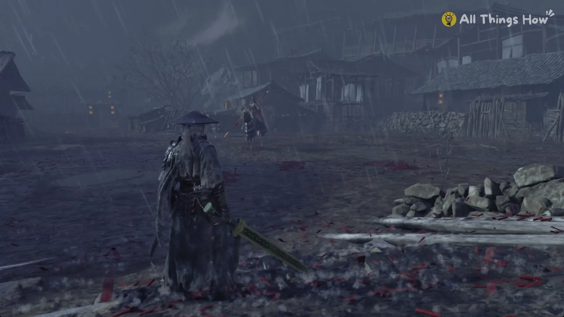 Soul in the rain facing a mounted spearman in Pangzhen's backstreet square with no HUD, Phantom Blade Zero