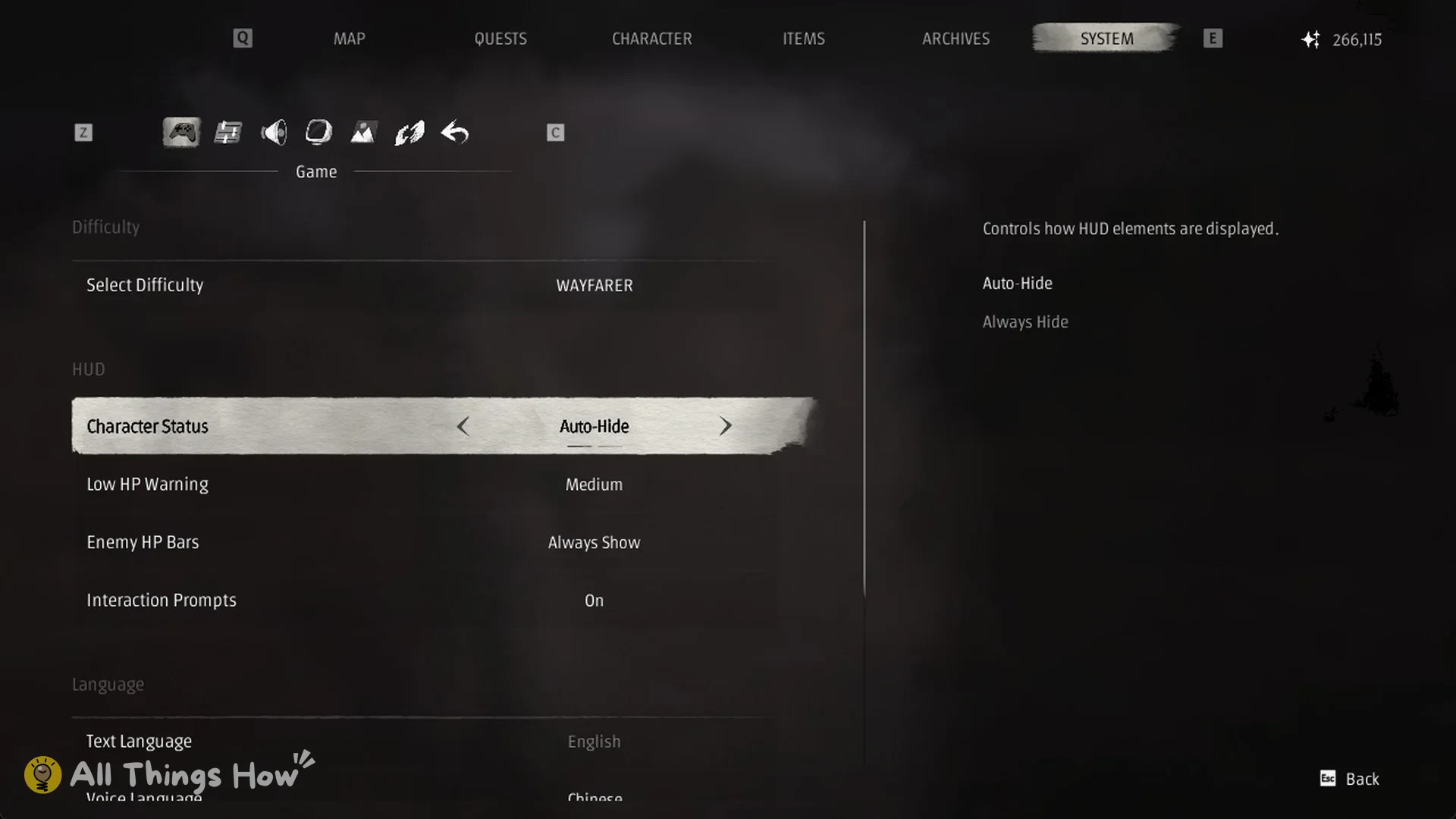 Phantom Blade Zero SYSTEM Game tab HUD settings with Character Status, Low HP Warning, Enemy HP Bars and Interaction Prompts
