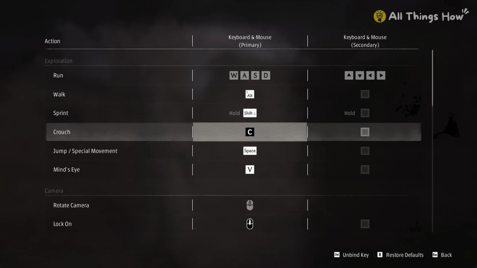 Phantom Blade Zero keyboard and mouse bindings list with Exploration and Camera actions