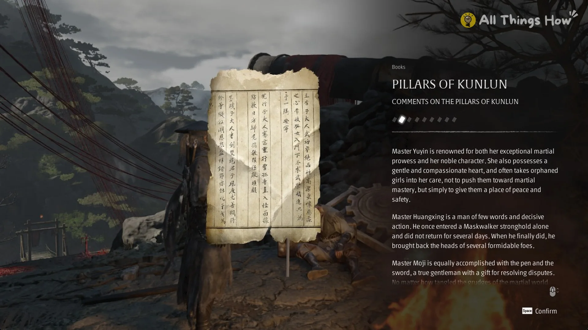 The Pillars of Kunlun book page Comments on the Pillars of Kunlun read at the campfire in Phantom Blade Zero
