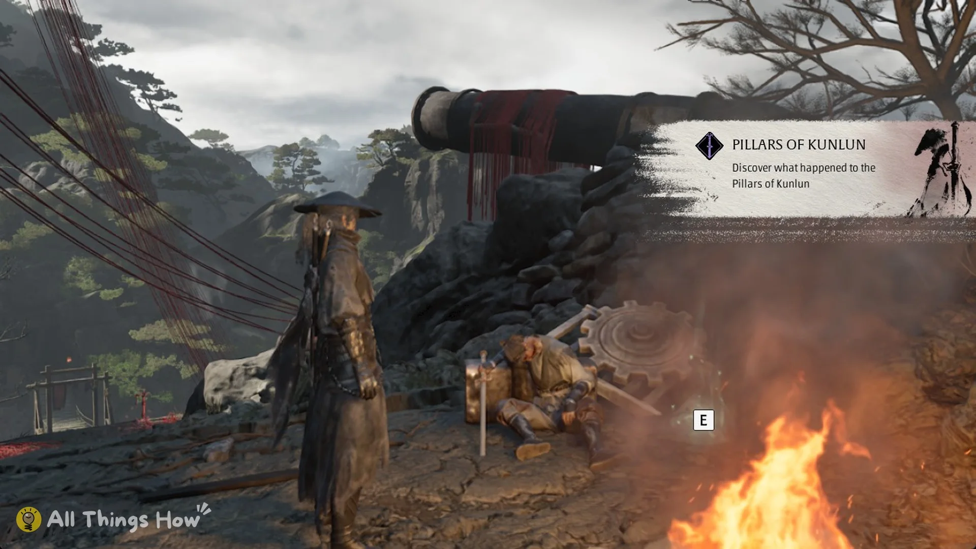 The Pillars of Kunlun tale banner beside a wounded Mandate disciple at a campfire in Phantom Blade Zero