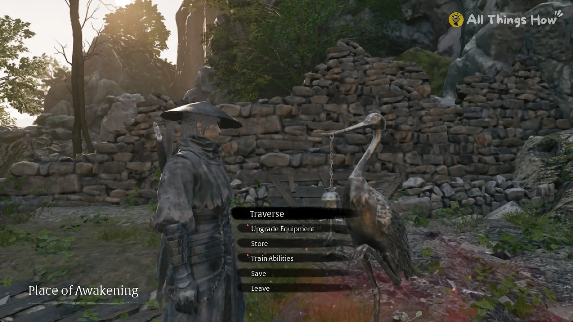 The Place of Awakening bell menu with Traverse, Upgrade Equipment, Store, Train Abilities, Save and Leave, Phantom Blade Zero