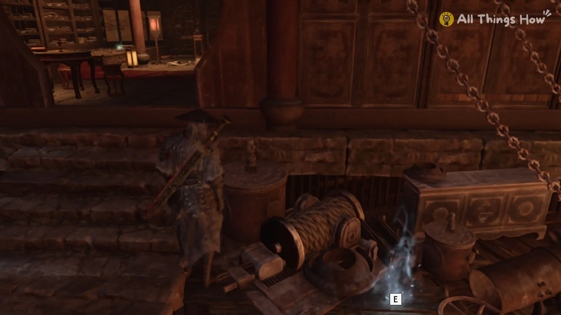 The E prompt on the glint by the rope winch under the puppet base office, Phantom Blade Zero