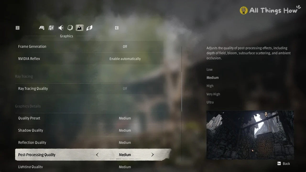 Graphics Details settings list with Post-Processing Quality highlighted at Medium and a preview picture of a ruined stone interior.