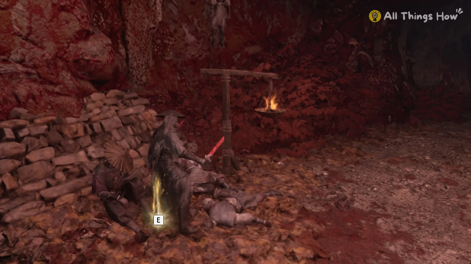 Glint and E prompt by the stacked-stone wall in the second Butcher's yard in Phantom Blade Zero