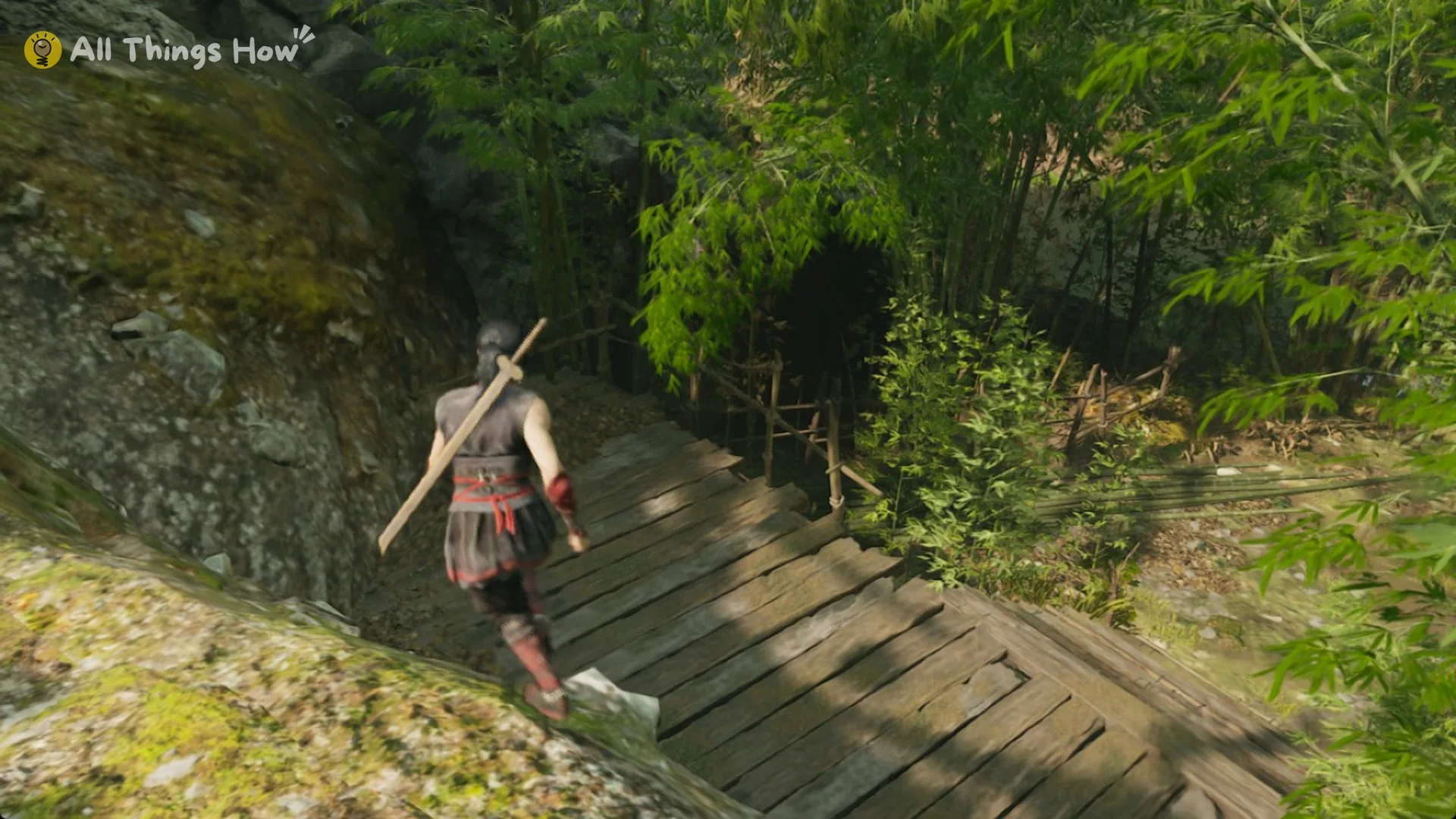 Phantom Blade Zero heroine walking a wooden boardwalk along a mossy cliff