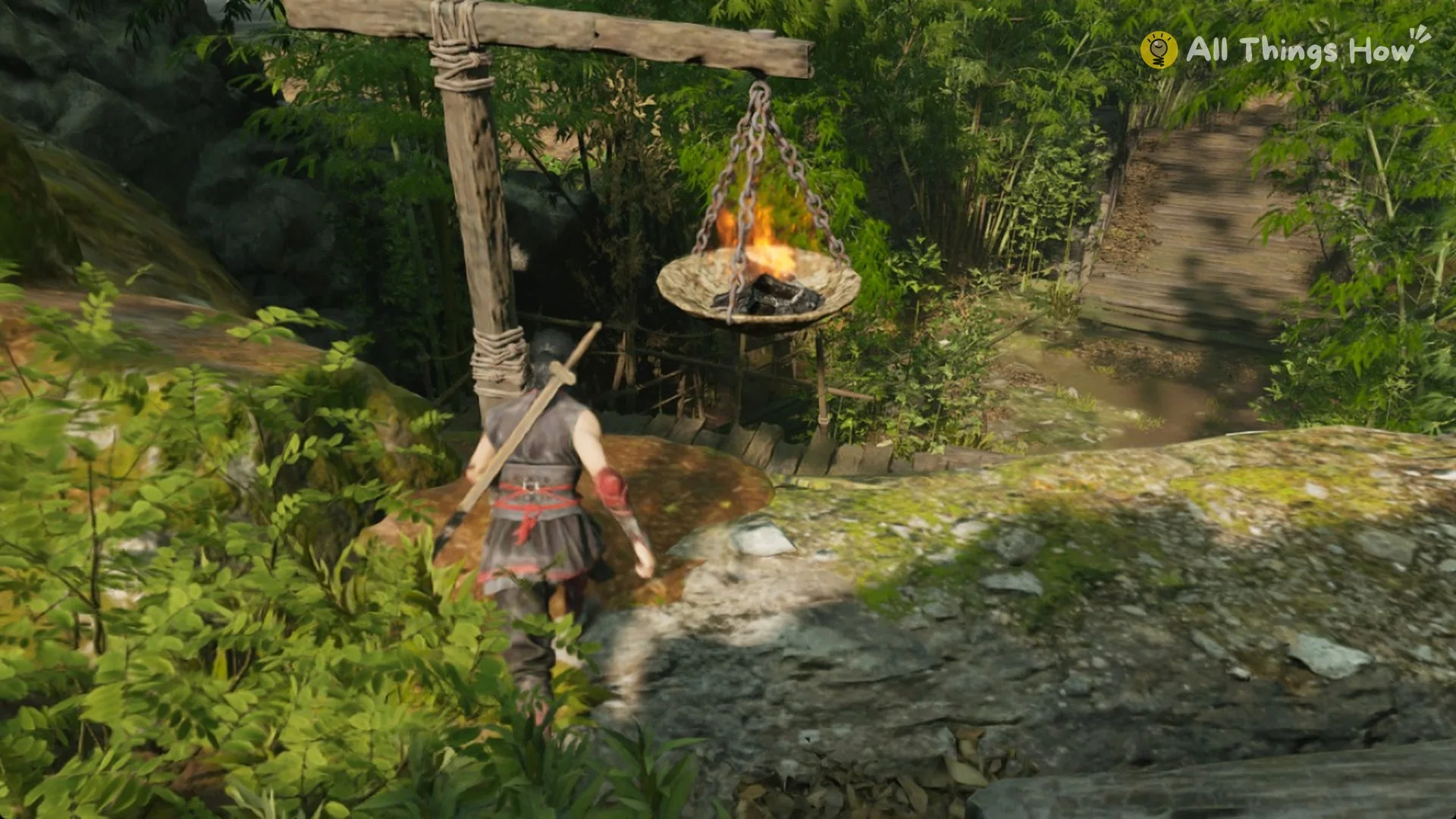 Phantom Blade Zero heroine passing a hanging fire basket on an uphill forest path