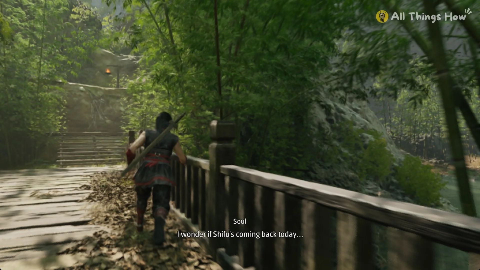 Phantom Blade Zero heroine crossing a river footbridge toward stone stairs in the prologue