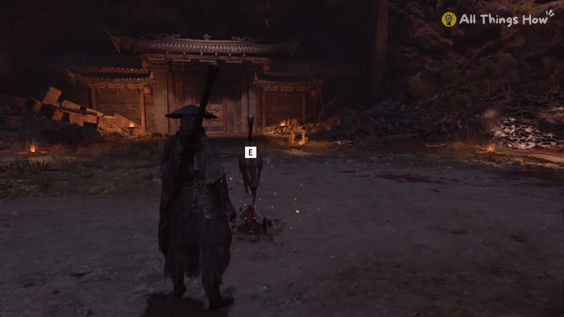 The crane statue in Yuzan's arena with the E prompt, Phantom Blade Zero