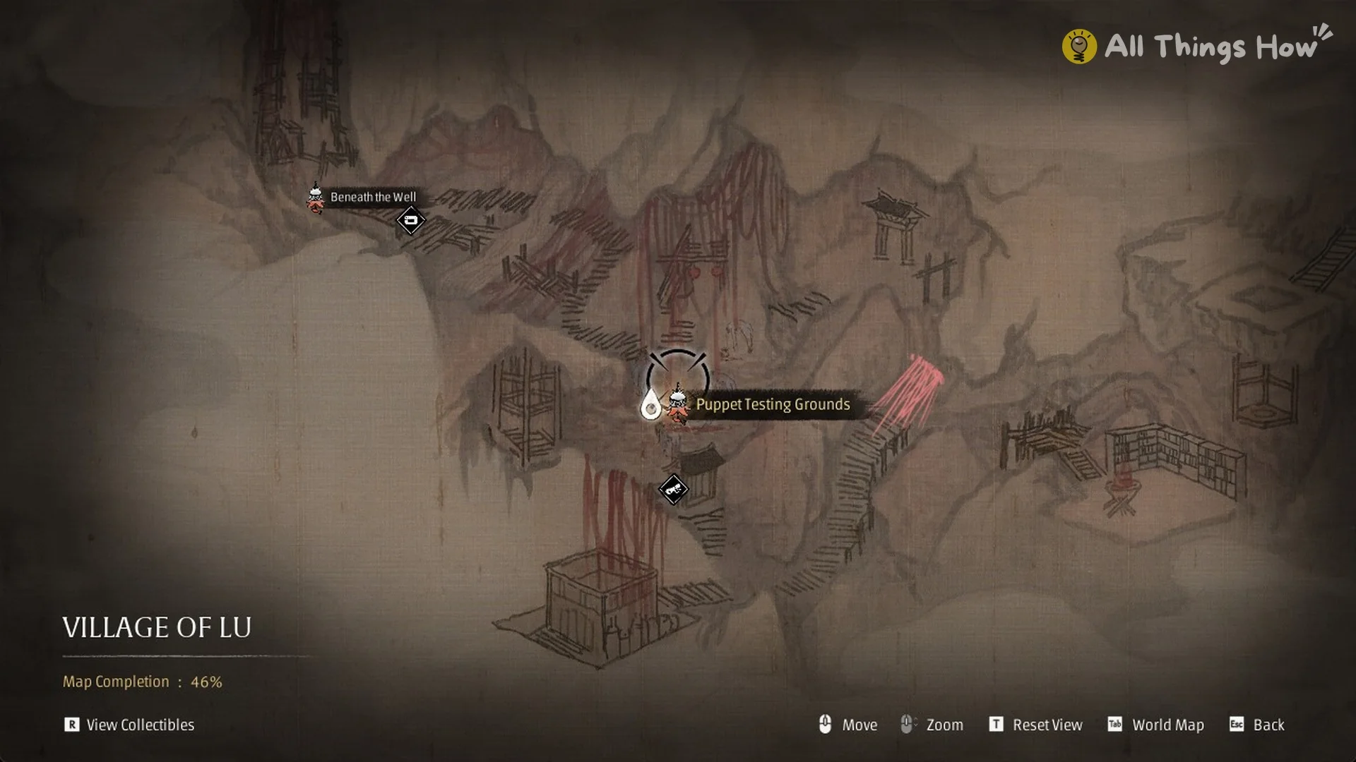 The Village of Lu map with the Puppet Testing Grounds label and Map Completion 46%, Phantom Blade Zero