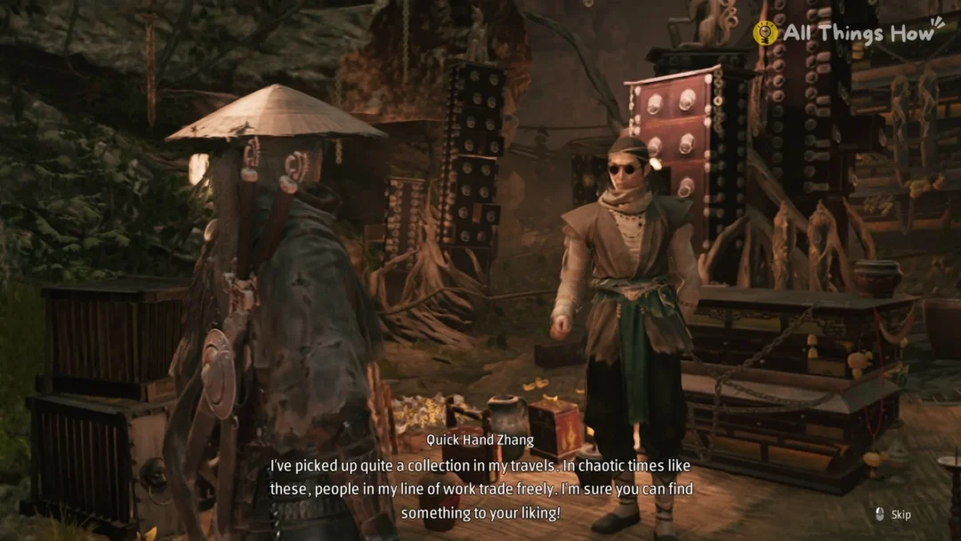 Quick Hand Zhang talking to Soul in his Crimson Forest hideout, Phantom Blade Zero