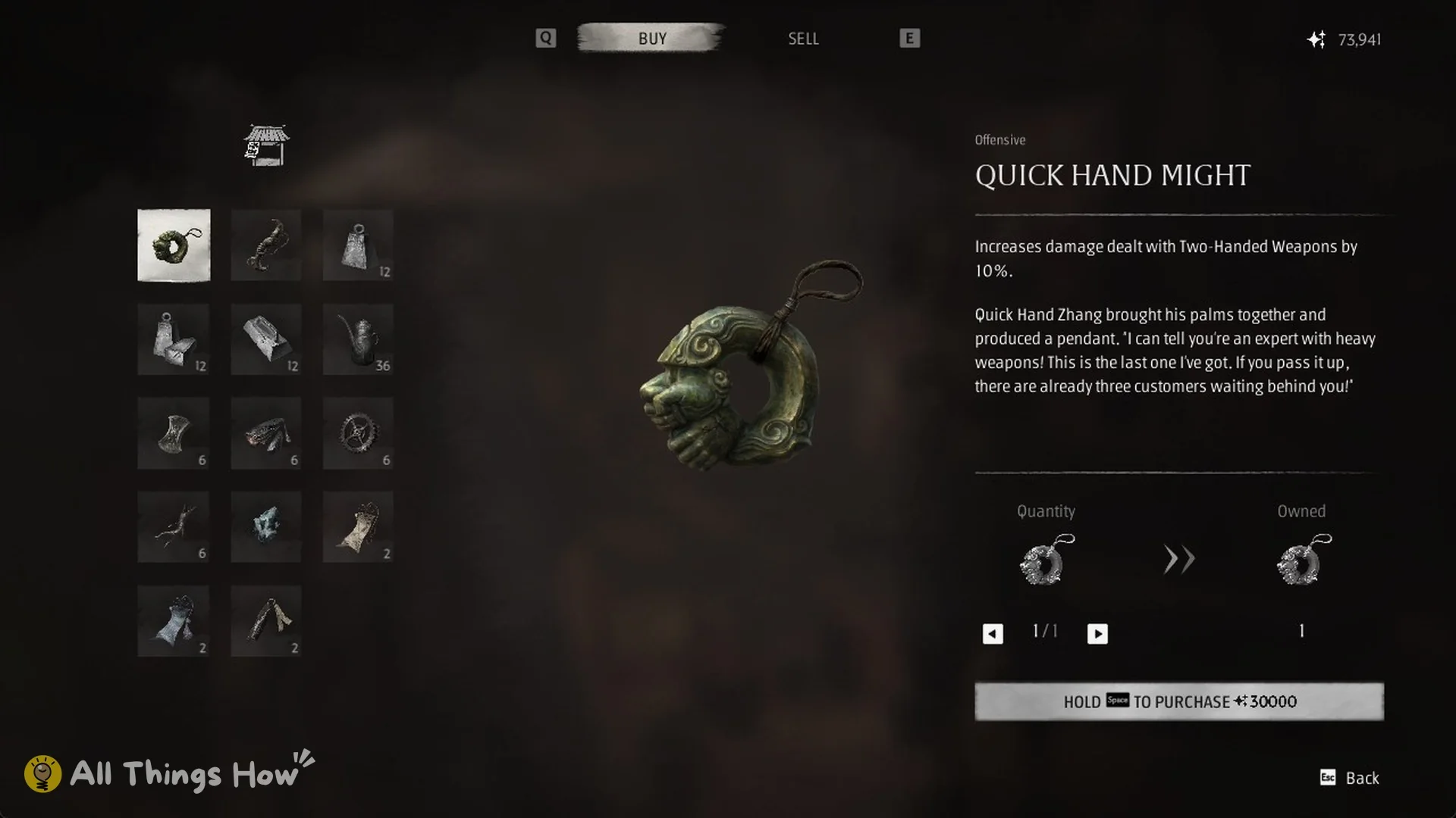 The Quick Hand Might card in Quick Hand Zhang's Buy tab, priced at 30,000 Remnant Dust, Phantom Blade Zero
