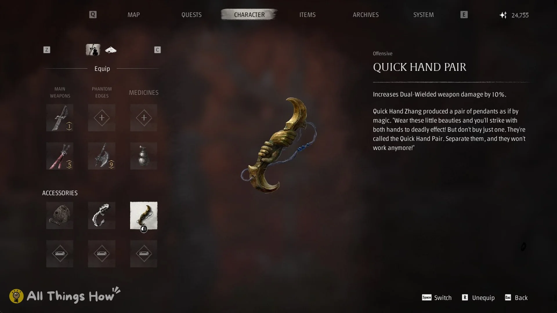 Quick Hand Pair equipped in an accessory slot on the Character Equip screen, Phantom Blade Zero