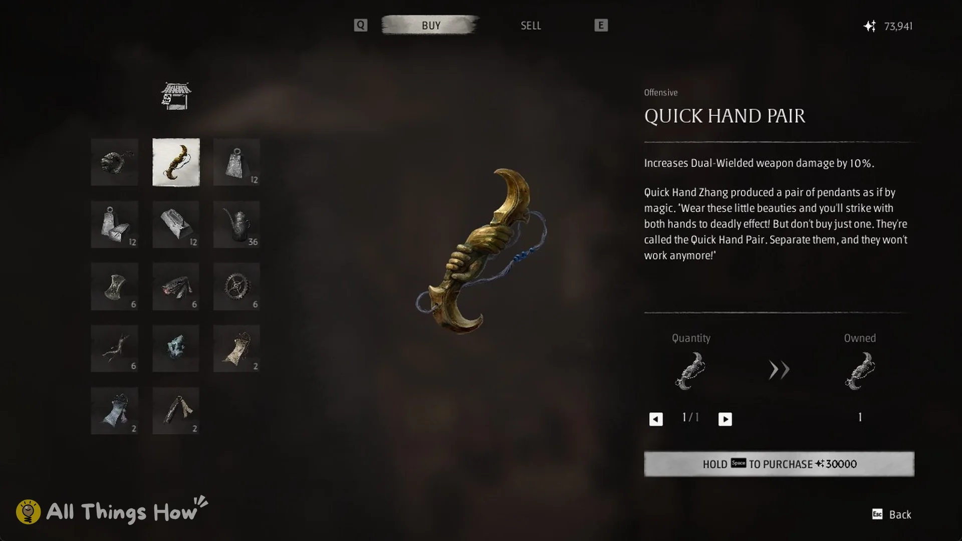 The Quick Hand Pair card in Quick Hand Zhang's Buy tab, priced at 30,000 Remnant Dust, Phantom Blade Zero