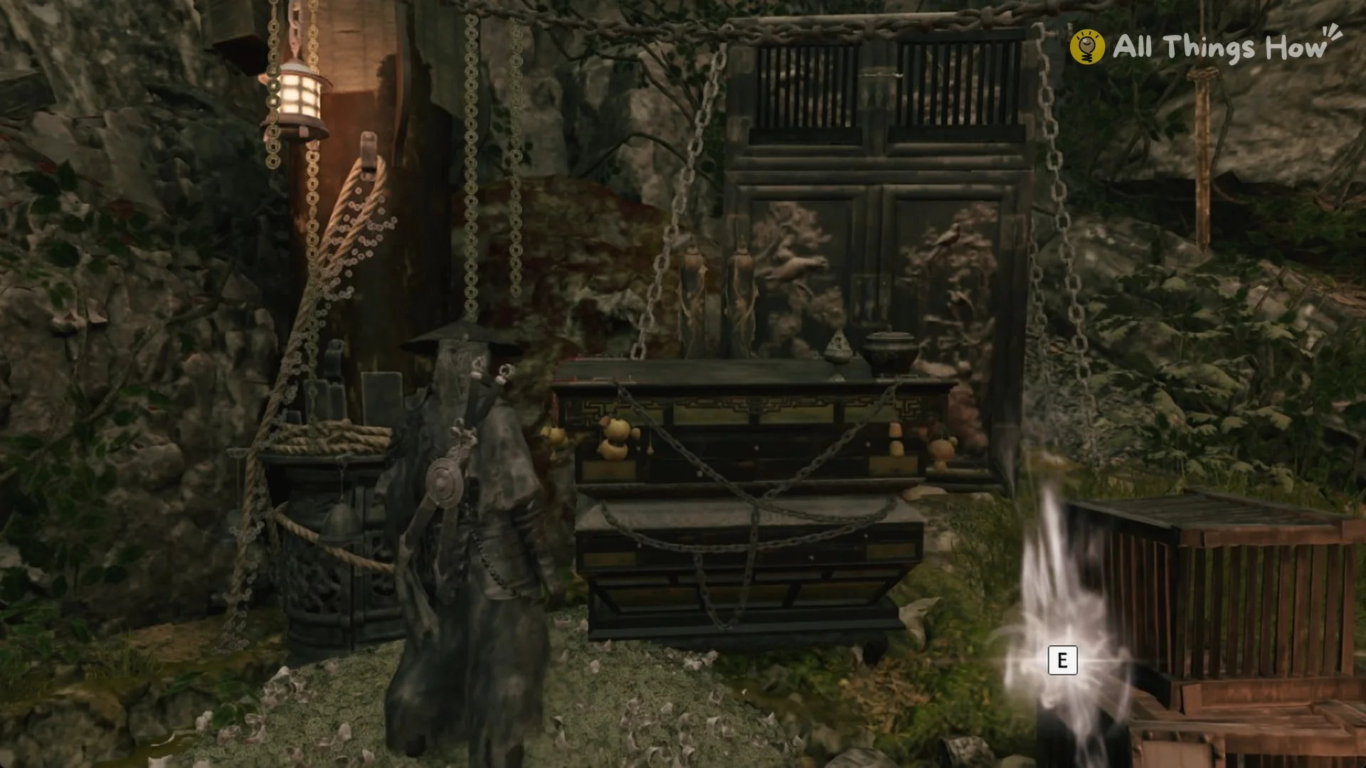 Inside Quick Hand Zhang's Crimson Forest hideout with chains, coin piles and candles, Phantom Blade Zero