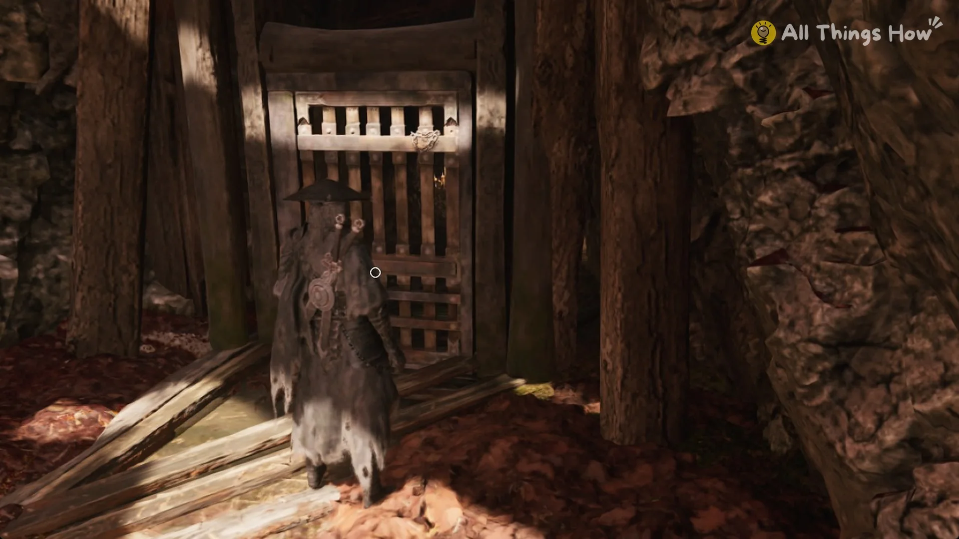 The barred wooden door in a timber frame that leads into Quick Hand Zhang's Crimson Forest hideout, Phantom Blade Zero