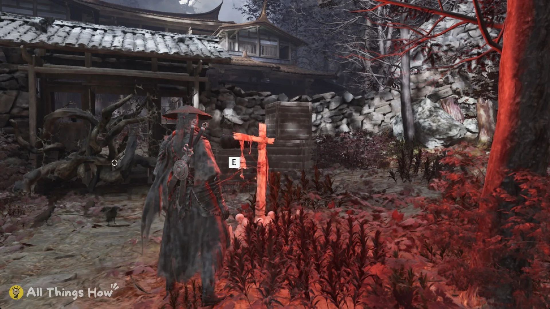 Soul at the red-lit wooden cross of the Red Serpent House bell past the Forest Outpost gate in Phantom Blade Zero
