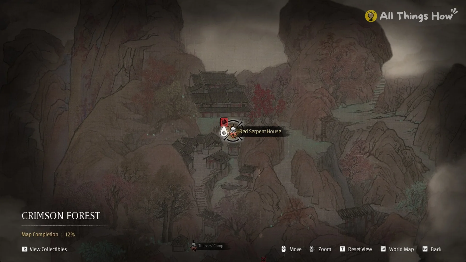 Map with the Red Serpent House pin and Crimson Forest Map Completion 12% in Phantom Blade Zero