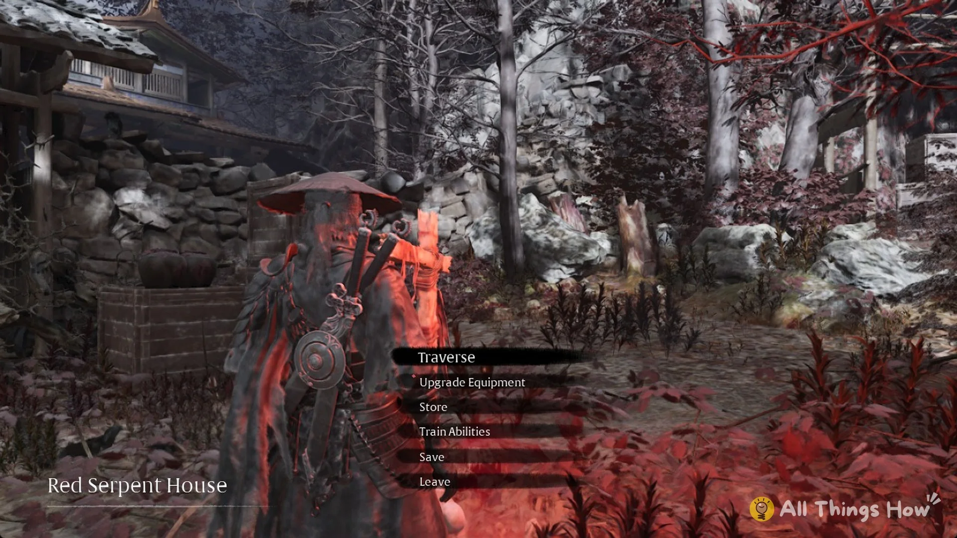 Red Serpent House bell menu with Traverse, Upgrade Equipment, Store, Train Abilities, Save and Leave in Phantom Blade Zero