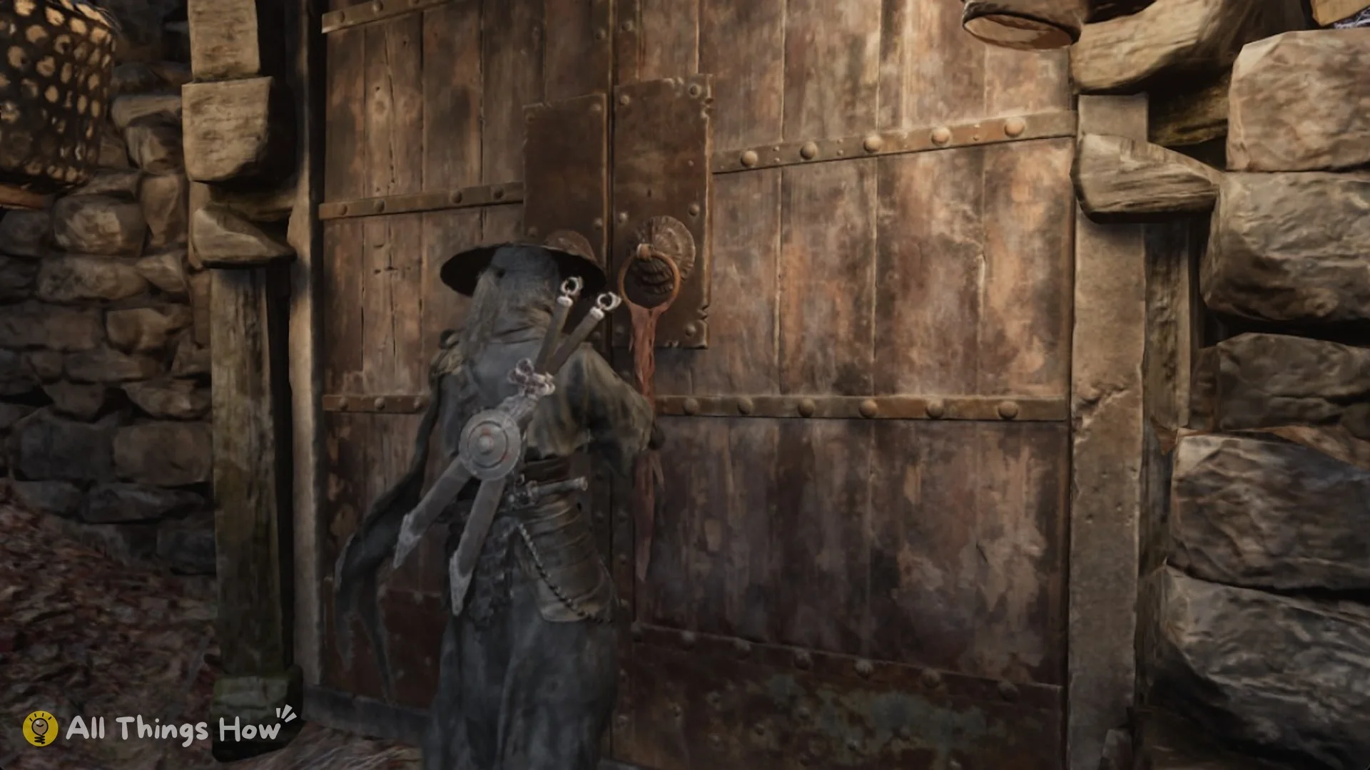 Soul pushing open the big wooden double gate on the low road in Crimson Forest, Phantom Blade Zero