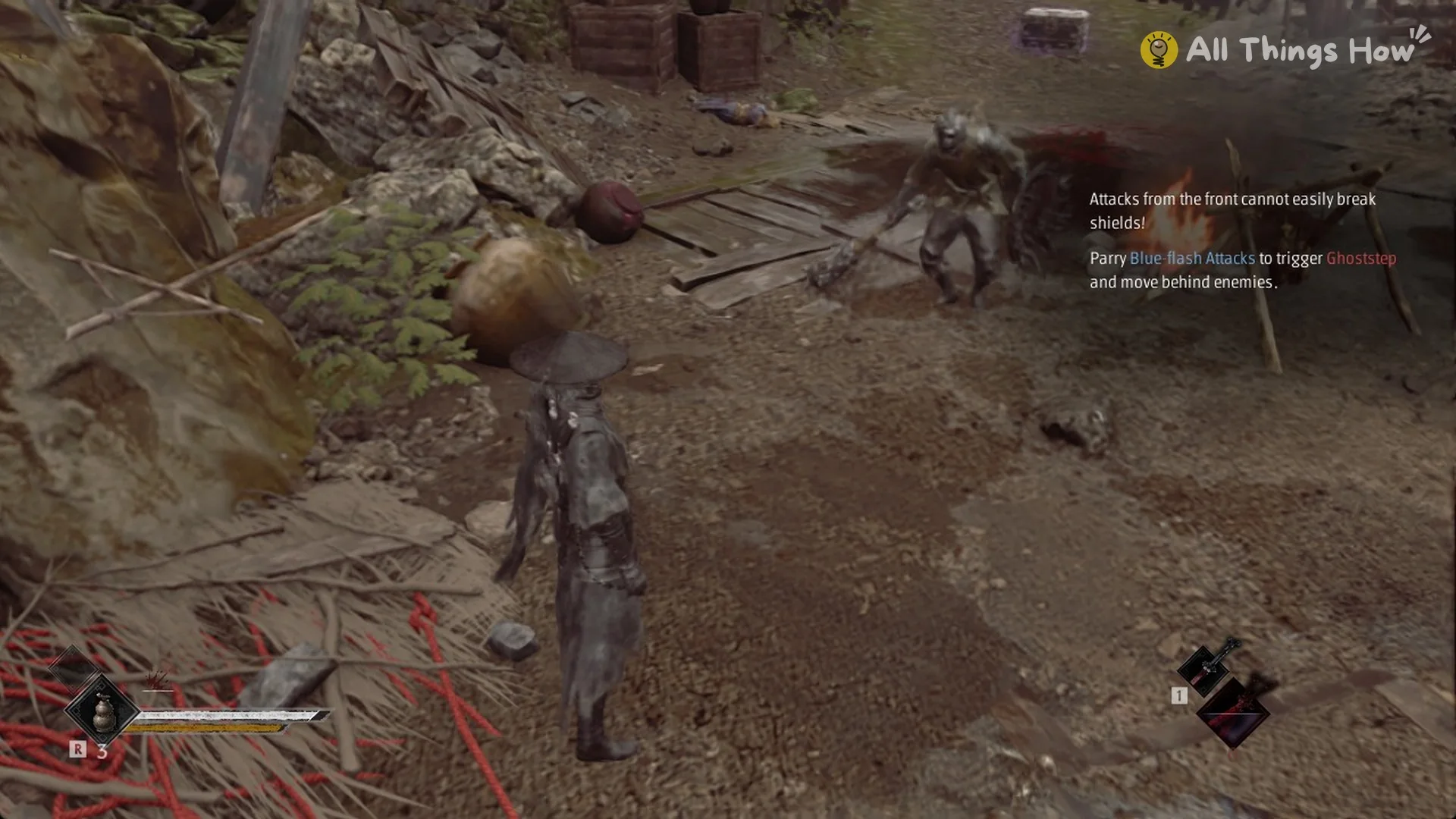The shield and club enemy at the campfire with the shield tip in Phantom Blade Zero