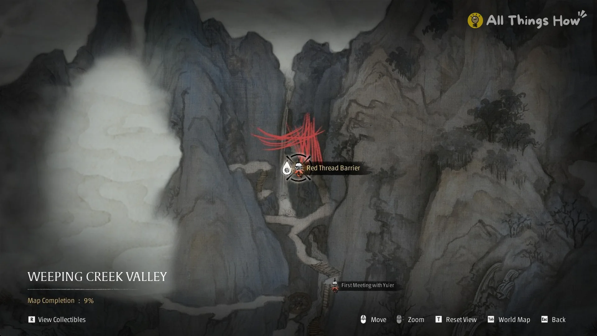 The Weeping Creek Valley map with the Red Thread Barrier bell and red threads over the gorge in Phantom Blade Zero