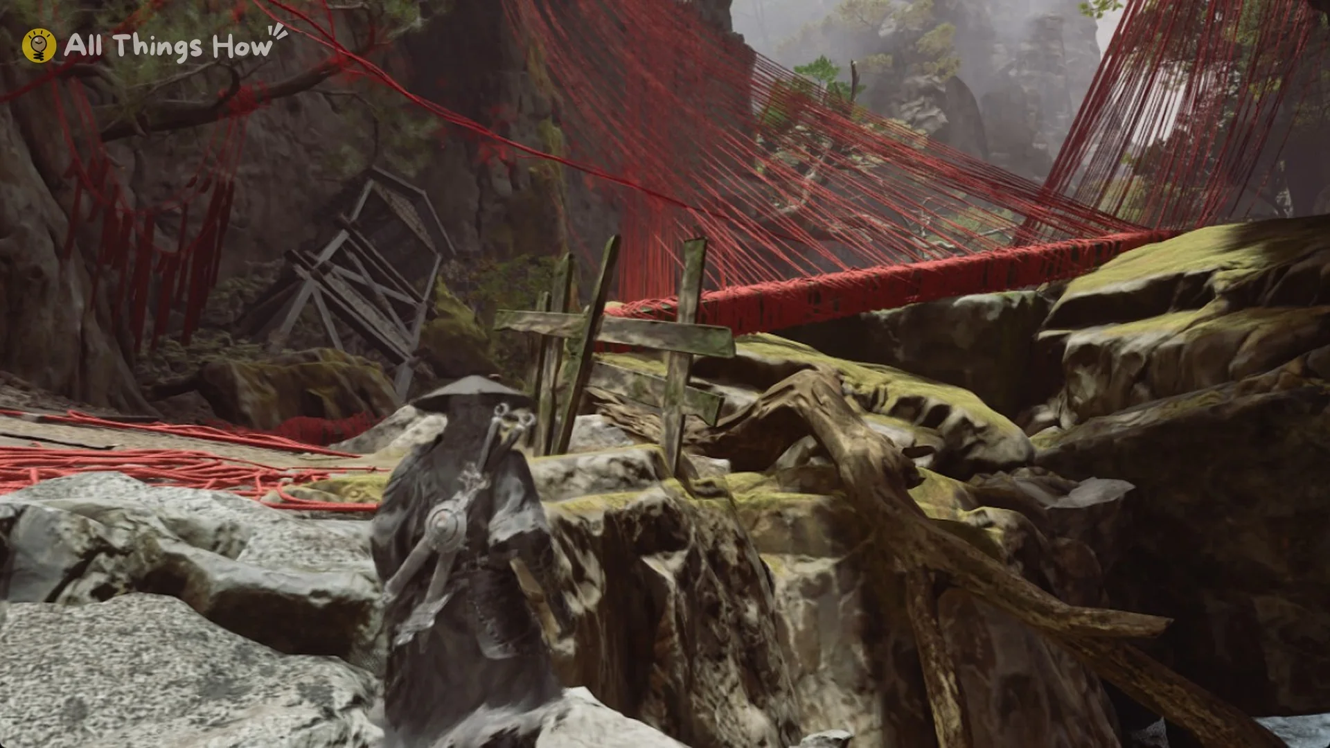 The bundle of red threads strung across the gorge near the Broken Puppet Valley bell in Phantom Blade Zero