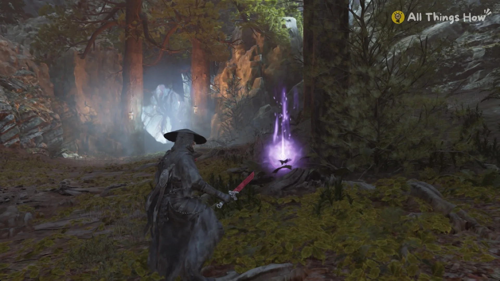 Purple Refined Indigo Crystal glint with a black bird on it beside the New Life flower bed in Mirrorwood Depths, Phantom Blade Zero